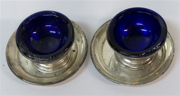 S. Kirk & Son Sterling Silver Salt Dips with Sterling Silver Under Plates an Cobalt Blue Liners -Silver Weighs 69.3 Grams 