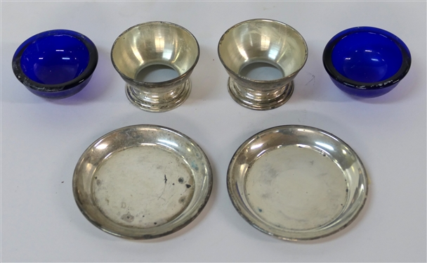 S. Kirk & Son Sterling Silver Salt Dips with Sterling Silver Under Plates an Cobalt Blue Liners -Silver Weighs 69.3 Grams 