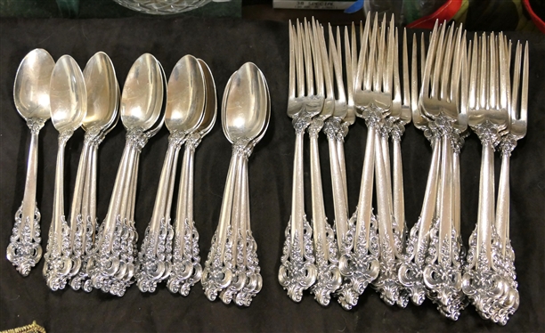 Wallace Grande Baroque(1941) Sterling Silver Flatware - 97 Pieces Total including 18 Dinner Forks, 16 Salad Forks, 12 Soup Spoons, 17 Teaspoons, 18 Dinner Knives and 16 Butter Knives - 3078.9...