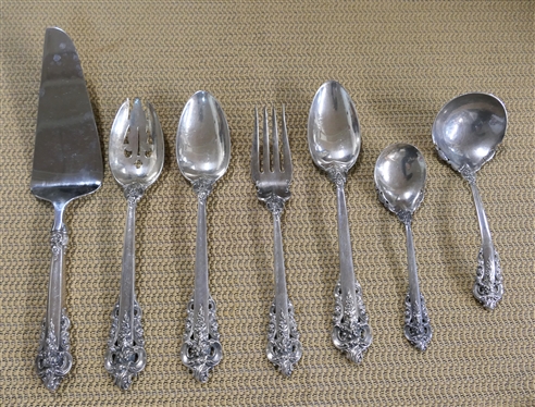 Wallace Grande Baroque Sterling Silver Serving Utensils - Meat Fork, Serving Spoons, Slotted Spoon, Oval Ladle, Sugar Spoon, and Pie Server - 532 Grams Total Weight - Not Including Pie Server
