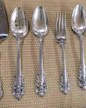Wallace Grande Baroque Sterling Silver Serving Utensils - Meat Fork, Serving Spoons, Slotted Spoon, Oval Ladle, Sugar Spoon, and Pie Server - 532 Grams Total Weight - Not Including Pie Server