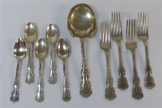 10 Pieces Wallace Louis XV Sterling Silver Flatware - 5 Tea Spoons, 5 Dinner Forks, and Large Serving Spoon - All Monogrammed - 470.4 Grams Total Weight 