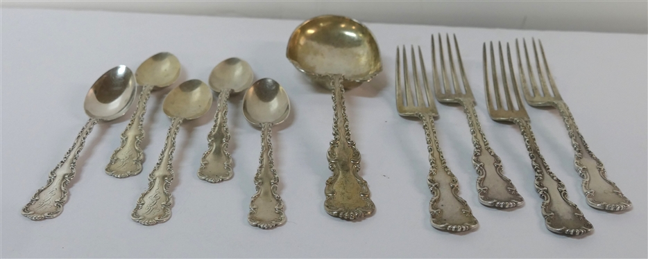 10 Pieces Wallace Louis XV Sterling Silver Flatware - 5 Tea Spoons, 5 Dinner Forks, and Large Serving Spoon - All Monogrammed - 470.4 Grams Total Weight 