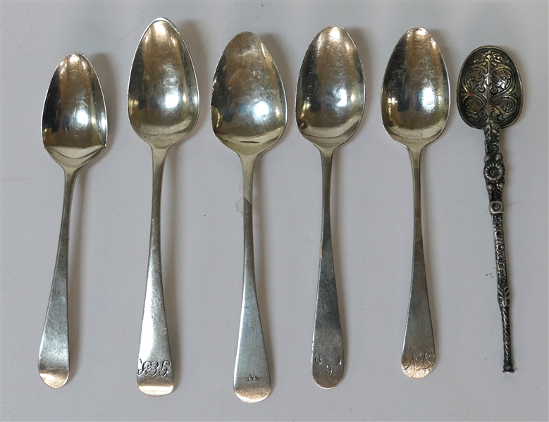 6 Small British Sterling Silver Spoons - All Hallmarked - Plain Spoons are All Monogrammed - Fancy Spoon Measures 4 1/8" Long - 60.0 Grams Total Weight