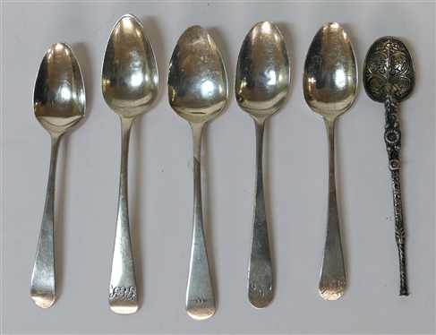 6 Small British Sterling Silver Spoons - All Hallmarked - Plain Spoons are All Monogrammed - Fancy Spoon Measures 4 1/8 Long - 60.0 Grams Total Weight
