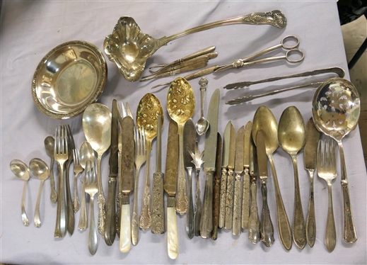 Large Lot of Silver Plate Items, Several with Sterling Silver Handles, Rolex Spoon, Sheffield England Kings Pattern Ladle, and 6 1/4 Bowl