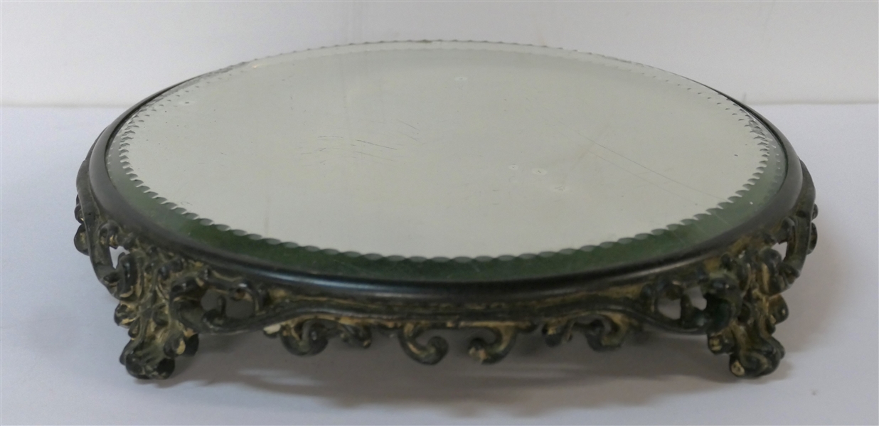 Nice Mirrored Plateau - Scrolled Metal Base with Nice Thick Mirror with Cut Details - Measures 2" tall 10" Across