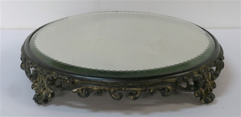 Nice Mirrored Plateau - Scrolled Metal Base with Nice Thick Mirror with Cut Details - Measures 2 tall 10 Across