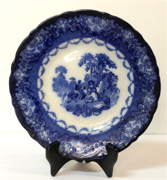19th Century Watteau England Flow Blue Plate - Courting Scene with Floral Wreath - Trim - Plate Measures 9" Across