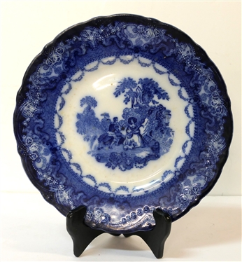 19th Century Watteau England Flow Blue Plate - Courting Scene with Floral Wreath - Trim - Plate Measures 9 Across