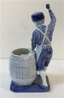 Blue Delft Figural Ash Tray -  Boy with Barrel - Blue and White Sailing Ships on Barrel - Boy Measures 8 Tall - Base Measures  4 by 3 - 