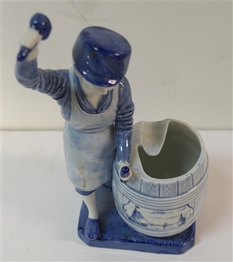 Blue Delft Figural Ash Tray -  Boy with Barrel - Blue and White Sailing Ships on Barrel - Boy Measures 8 Tall - Base Measures  4 by 3 - 