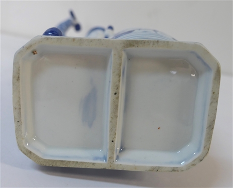Blue Delft Figural Ash Tray -  Boy with Barrel - Blue and White Sailing Ships on Barrel - Boy Measures 8 Tall - Base Measures  4 by 3 - 