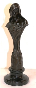 Emmanuel Villanis Style Art Nouveau Virgin Mary Bronze Sculpture with Marble Base - Statue Measures 9 1/2 Tall 