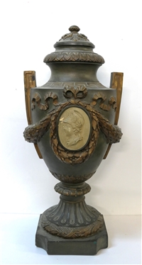 Hollywood Regency Style Chalk Urn - Roman Key and Laurel Wreath Decoration with Roman / Grecian Soldier - Urn Measures 23 Tall 
