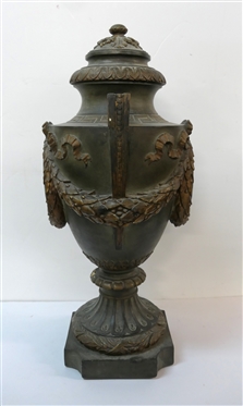 Hollywood Regency Style Chalk Urn - Roman Key and Laurel Wreath Decoration with Roman / Grecian Soldier - Urn Measures 23 Tall 
