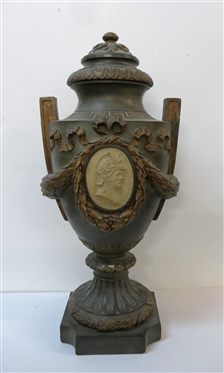 Hollywood Regency Style Chalk Urn - Roman Key and Laurel Wreath Decoration with Roman / Grecian Soldier - Urn Measures 23 Tall 