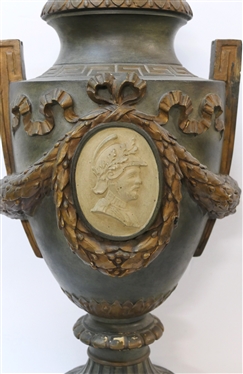 Hollywood Regency Style Chalk Urn - Roman Key and Laurel Wreath Decoration with Roman / Grecian Soldier - Urn Measures 23 Tall 