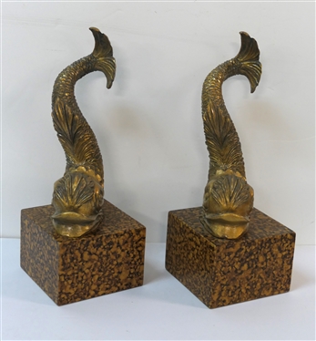 Pair of English Regency Style Gold Gilt Dolphins on  Painted Bases - Beautiful Decorator Figures Measure 12 1/2 Tall 