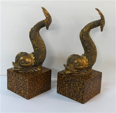 Pair of English Regency Style Gold Gilt Dolphins on  Painted Bases - Beautiful Decorator Figures Measure 12 1/2 Tall 