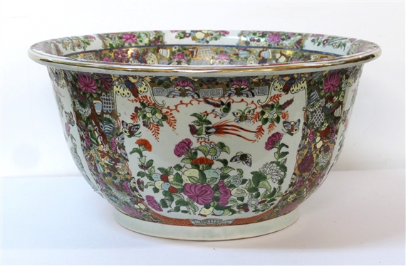 Large Chinese Rose Medallion Bowl / Planter- Highly Decorated inside and Out  - Marked on Bottom - Measures 9 Tall 18 Across - Residual Dirt on Interior 