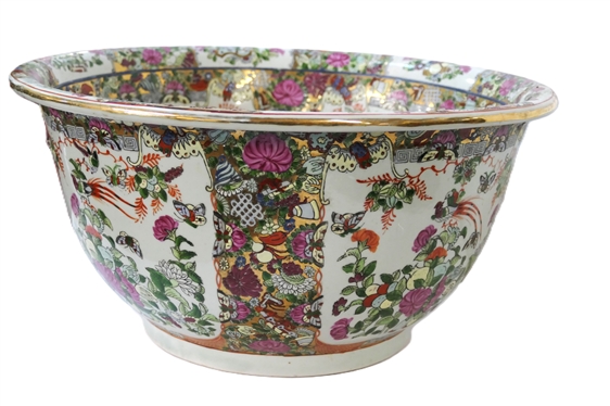 Large Chinese Rose Medallion Bowl / Planter- Highly Decorated inside and Out  - Marked on Bottom - Measures 9 Tall 18 Across - Residual Dirt on Interior 
