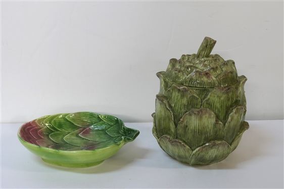 Italian Artichoke Dish with Lid and Artichoke Bowl -8171 - Both Made in Italy - Covered Dish Has Some Minor Chips / Glaze Flakes on Few Leaves - Bowl Measures 8 1/2 by  6 1/2