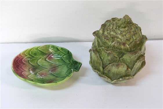 Italian Artichoke Dish with Lid and Artichoke Bowl -8171 - Both Made in Italy - Covered Dish Has Some Minor Chips / Glaze Flakes on Few Leaves - Bowl Measures 8 1/2 by  6 1/2