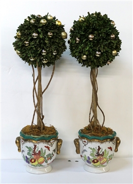Pair of Pretty Ceramic Cachepots with Fruit and Insect Motif - Gold Trim and Handles - Both with Boxwood Topiary - Pots Measure 6 Tall 7 Across - One Has a Damaged Handle 