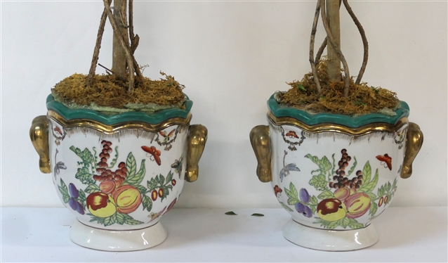 Pair of Pretty Ceramic Cachepots with Fruit and Insect Motif - Gold Trim and Handles - Both with Boxwood Topiary - Pots Measure 6 Tall 7 Across - One Has a Damaged Handle 