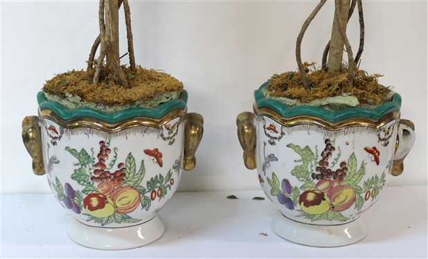 Pair of Pretty Ceramic Cachepots with Fruit and Insect Motif - Gold Trim and Handles - Both with Boxwood Topiary - Pots Measure 6 Tall 7 Across - One Has a Damaged Handle 