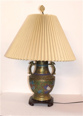 Large Oriental Brass / Bronze Champleve Table Lamp - Enameled Flowers - Wood Base - Lamp Measures 21 To Bulb
