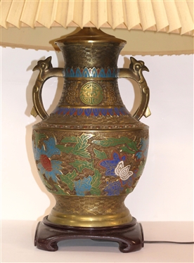 Large Oriental Brass / Bronze Champleve Table Lamp - Enameled Flowers - Wood Base - Lamp Measures 21 To Bulb