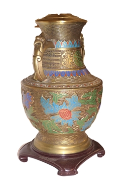 Large Oriental Brass / Bronze Champleve Table Lamp - Enameled Flowers - Wood Base - Lamp Measures 21 To Bulb