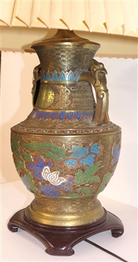 Large Oriental Brass / Bronze Champleve Table Lamp - Enameled Flowers - Wood Base - Lamp Measures 21 To Bulb