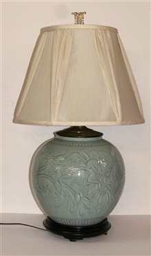 Beautiful Asian Celedon Decorator Table Lamp with Wood Base - Floral Body with Nice Shade - Very Heavy Lamp - Measures 19 to Bulb 