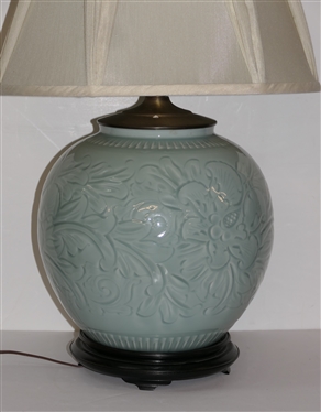 Beautiful Asian Celedon Decorator Table Lamp with Wood Base - Floral Body with Nice Shade - Very Heavy Lamp - Measures 19 to Bulb 