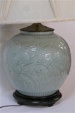 Beautiful Asian Celedon Decorator Table Lamp with Wood Base - Floral Body with Nice Shade - Very Heavy Lamp - Measures 19 to Bulb 