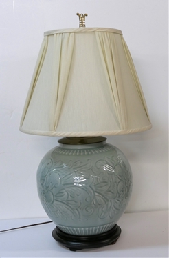 Beautiful Asian Celedon Decorator Table Lamp with Wood Base - Floral Body with Nice Shade - Very Heavy Lamp - Measures 19 to Bulb 