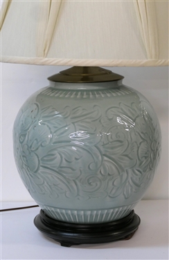 Beautiful Asian Celedon Decorator Table Lamp with Wood Base - Floral Body with Nice Shade - Very Heavy Lamp - Measures 19 to Bulb 