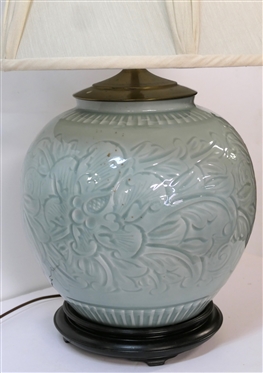 Beautiful Asian Celedon Decorator Table Lamp with Wood Base - Floral Body with Nice Shade - Very Heavy Lamp - Measures 19 to Bulb 