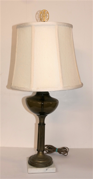 Electric Table Lamp with Marble Base - Olive Green Glass "Font" - Nice Shade with Asian Brass Finial - Lamp Measures 16 1/2" To Bulb