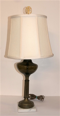 Electric Table Lamp with Marble Base - Olive Green Glass Font - Nice Shade with Asian Brass Finial - Lamp Measures 16 1/2 To Bulb