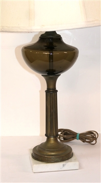 Electric Table Lamp with Marble Base - Olive Green Glass Font - Nice Shade with Asian Brass Finial - Lamp Measures 16 1/2 To Bulb