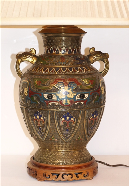 Brass / Bronze Champleve Table Lamp with Fancy Wood Base - Pleated Shade with Oriental Finial - Lamp Measures 16" Tall to Bulb