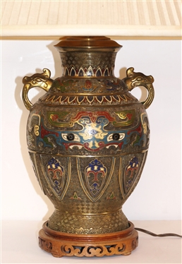 Brass / Bronze Champleve Table Lamp with Fancy Wood Base - Pleated Shade with Oriental Finial - Lamp Measures 16 Tall to Bulb