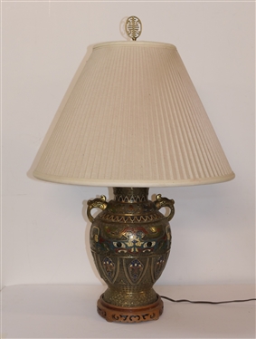 Brass / Bronze Champleve Table Lamp with Fancy Wood Base - Pleated Shade with Oriental Finial - Lamp Measures 16 Tall to Bulb
