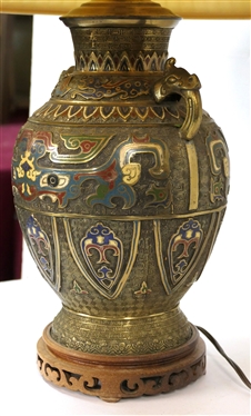 Brass / Bronze Champleve Table Lamp with Fancy Wood Base - Pleated Shade with Oriental Finial - Lamp Measures 16 Tall to Bulb