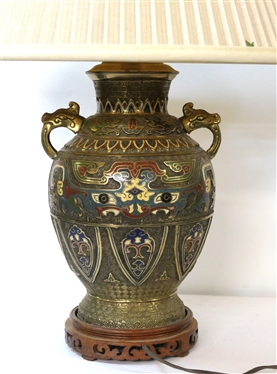 Brass / Bronze Champleve Table Lamp with Fancy Wood Base - Pleated Shade with Oriental Finial - Lamp Measures 16 Tall to Bulb
