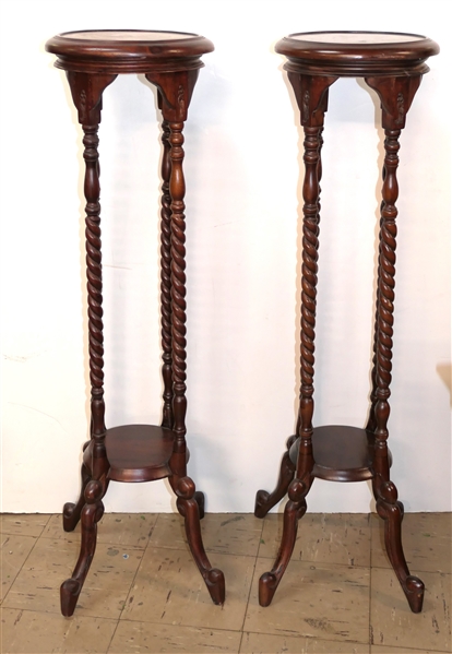 Pair of Nice Mahogany Fern / Plant Stands - Carved Women Above Barley Twist Legs - Each Stand Measures 40" Tall 10" Across